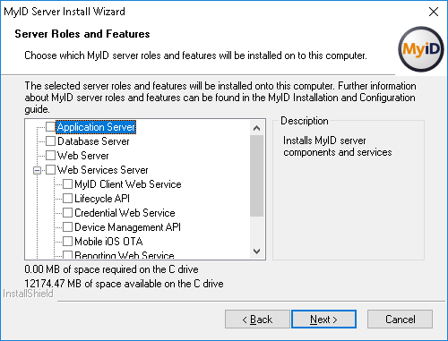 Installation select MyID roles and features screen
